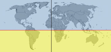Haritada kuzey, güney, doğu, batı yarımküre bölgeleri çizgilerle ayrılmıştır.